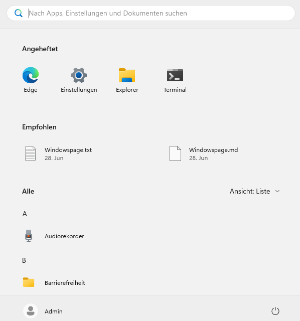 Men&uuml; "Start" mit Ansicht "Liste"