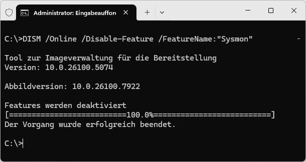 DISM /Online /Disable-Feature /FeatureName:"Sysmon"