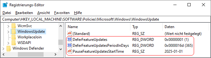 DeferFeatureUpdates, DeferFeatureUpdatesPeriodInDays, PauseFeatureUpdatesStartTime