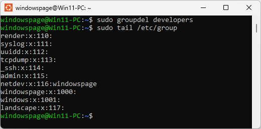 sudo groupdel developers