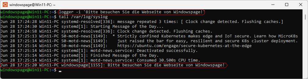 logger -i Windows 'Bitte besuchen Sie die Webseite von Windowspage!'