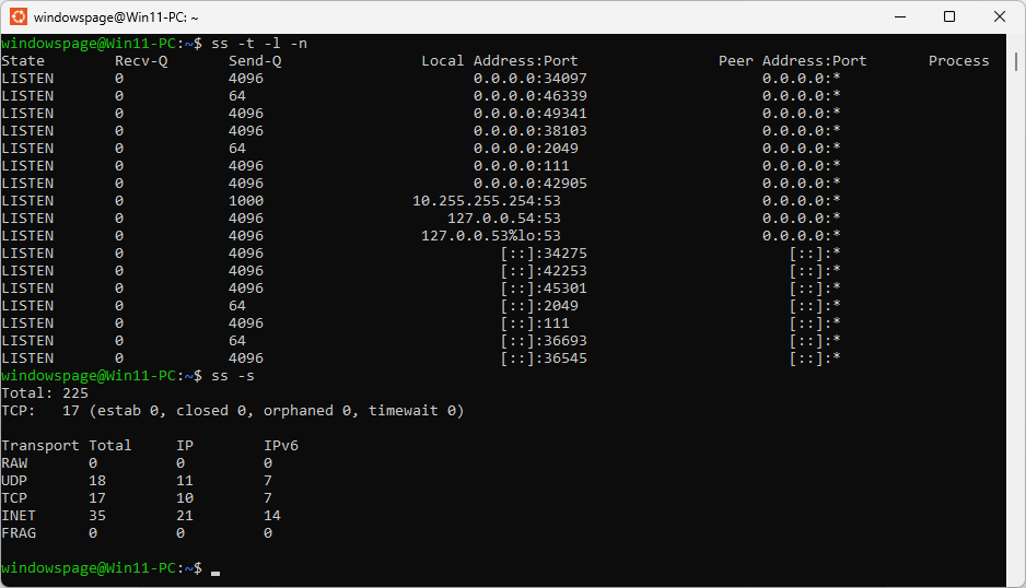 ss -t -l -n