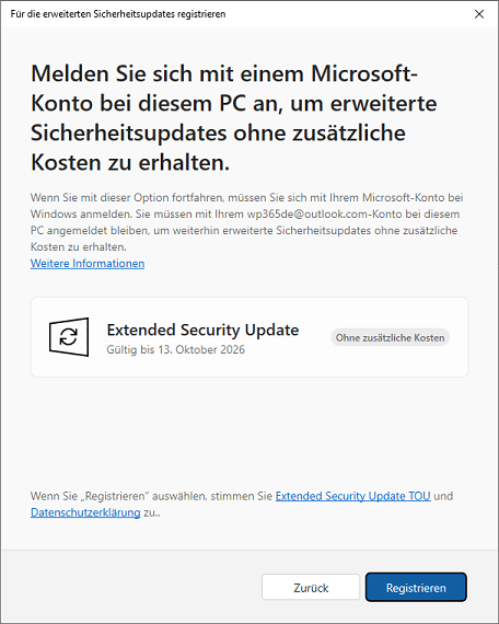 Melden Sie mit einem Microsoft-Konto bei diesem PC an, um erweiterte Sicherheitsupdates ohne zusätzliche Kosten zu erhalten.