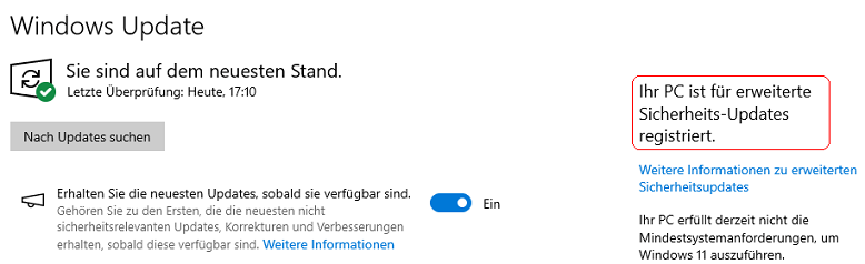 Ihr PC ist für erweiterte Sicherheits-Updates registriert.